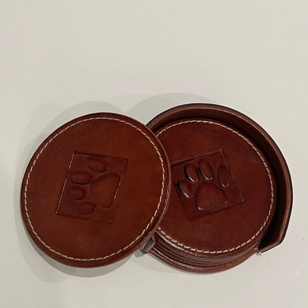 Set of 4 Genuine Leather Coasters w/Bear Paw Handcrafted Cabin Farm House Rustic